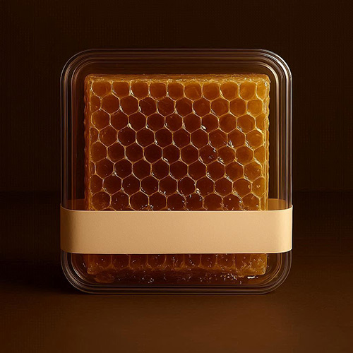 A clear container of honeycomb sitting on a dark background