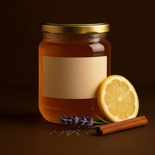 A glass jar of honey sitting on a dark background, with a lemon, lavender, and cinnamon stick next to it.